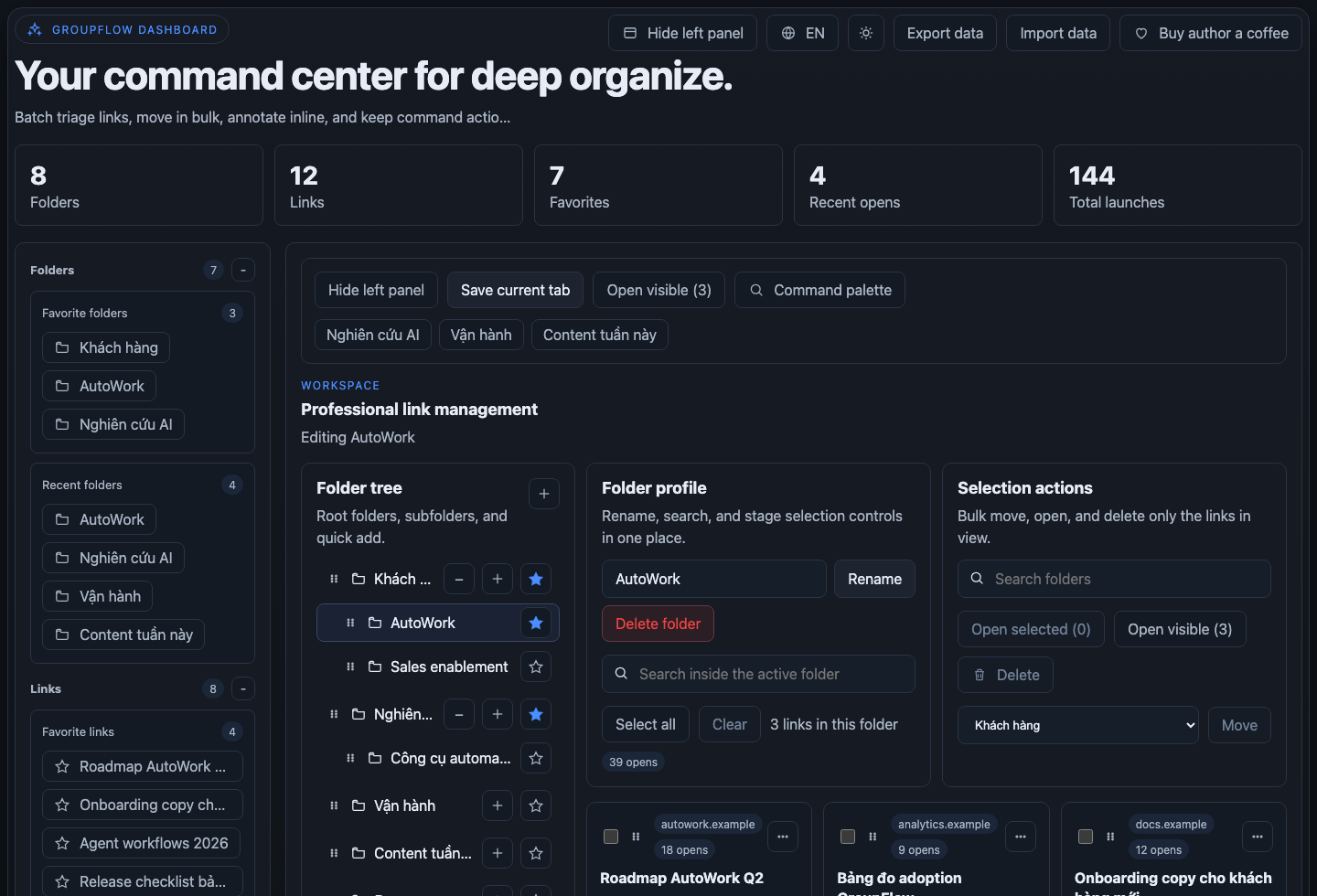 GroupFlow dashboard for folder-based link management and bulk actions