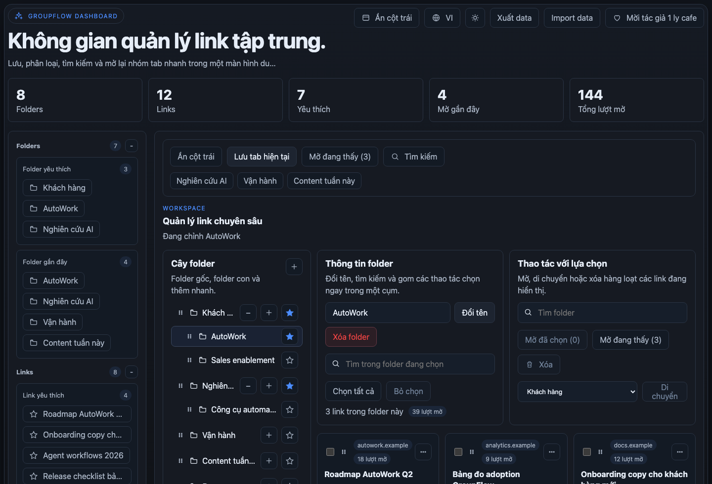 Dashboard GroupFlow để quản lý link theo folder và thao tác hàng loạt