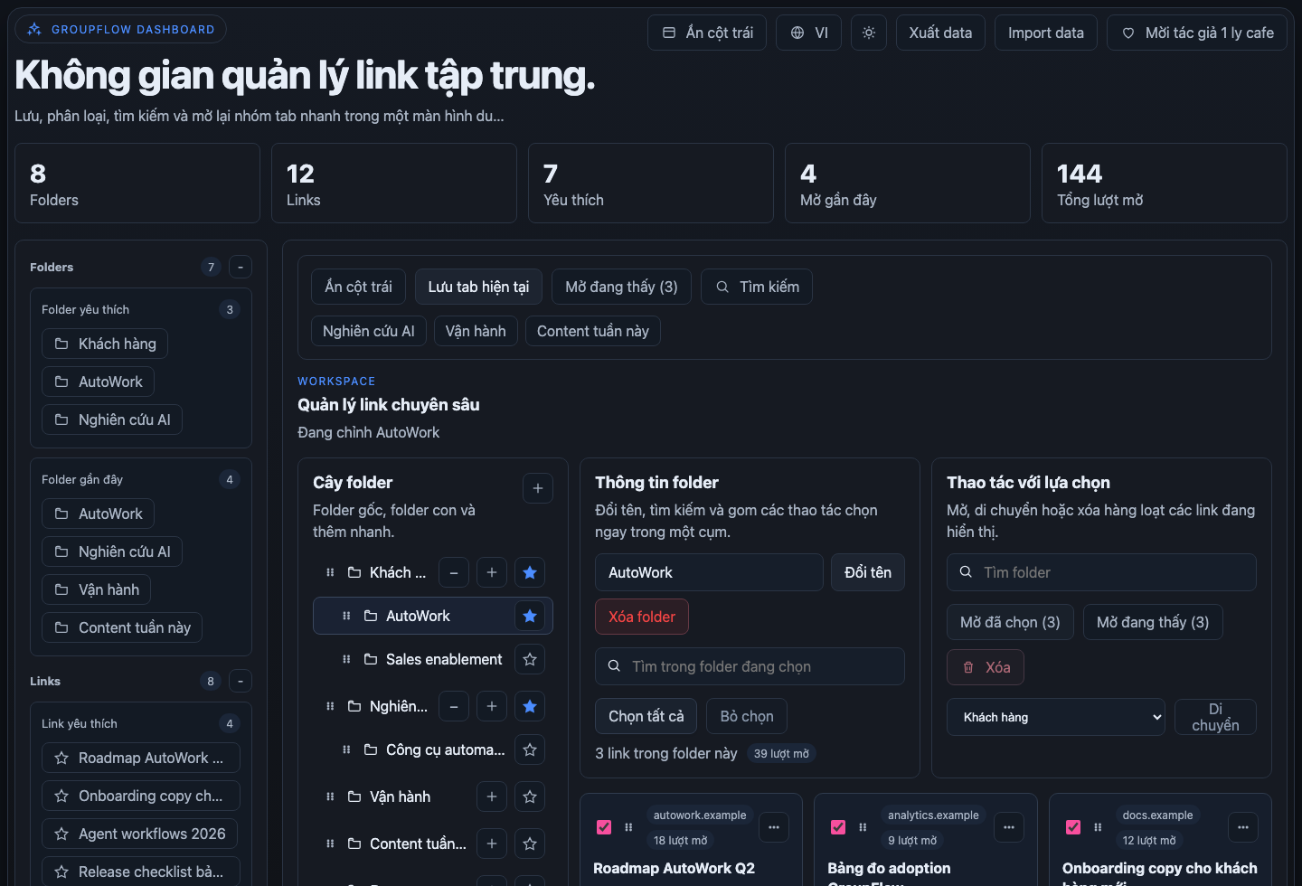 Thao tác hàng loạt trong dashboard UI mới
